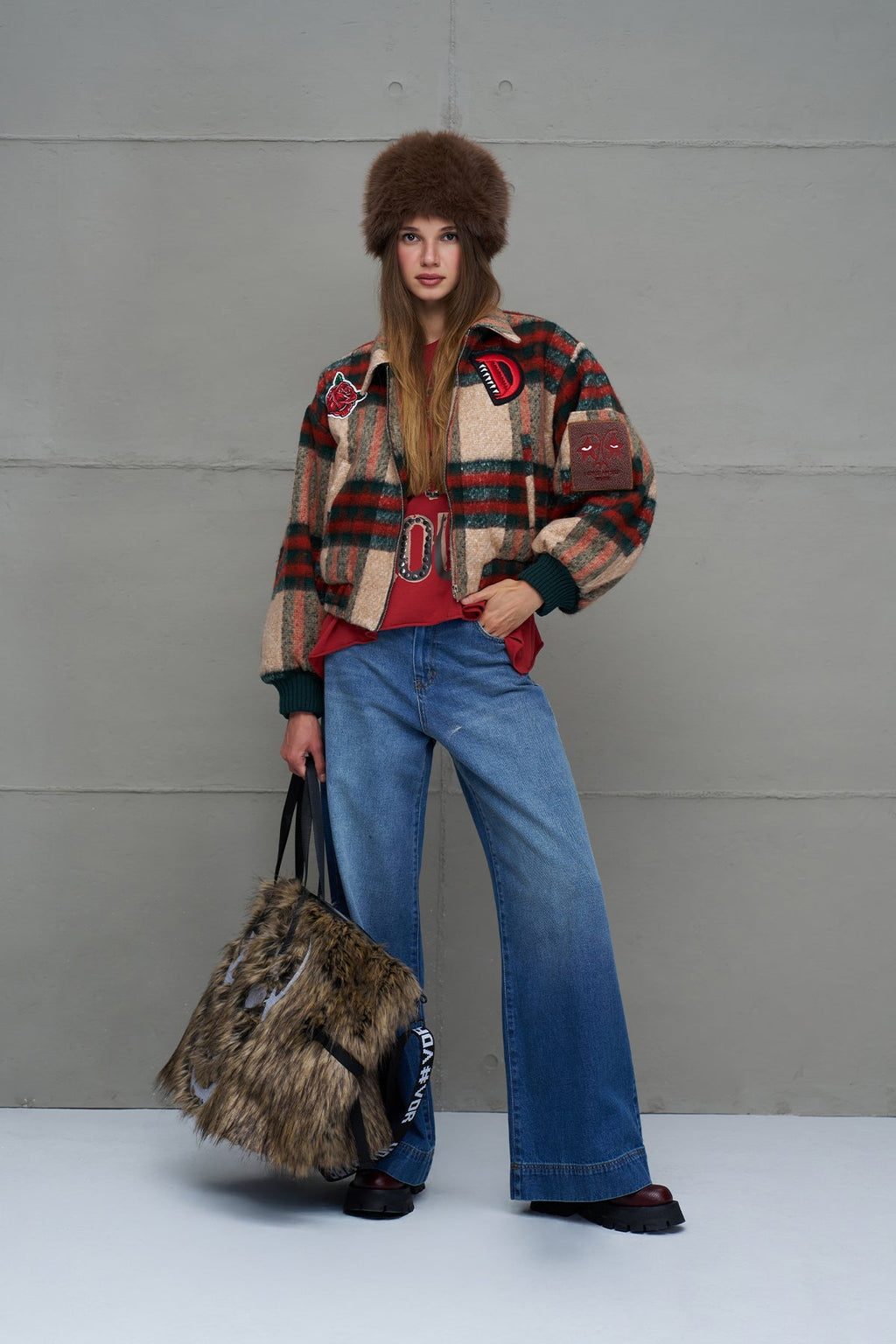 Beige Plaid Bomber Jacket