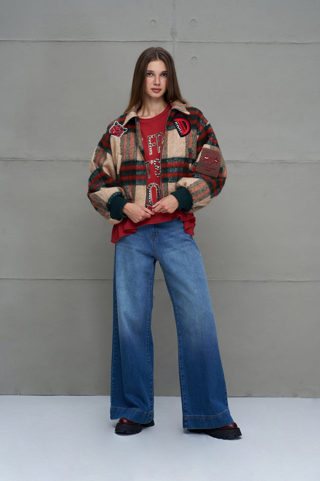 Beige Plaid Bomber Jacket