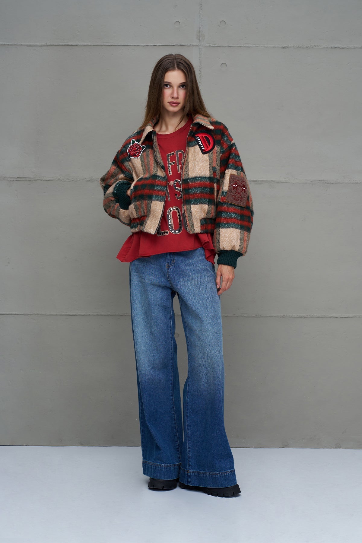 Beige Plaid Bomber Jacket