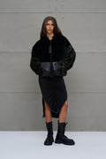Black and Green Faux Leather and Faux Fur Bomber Jacket