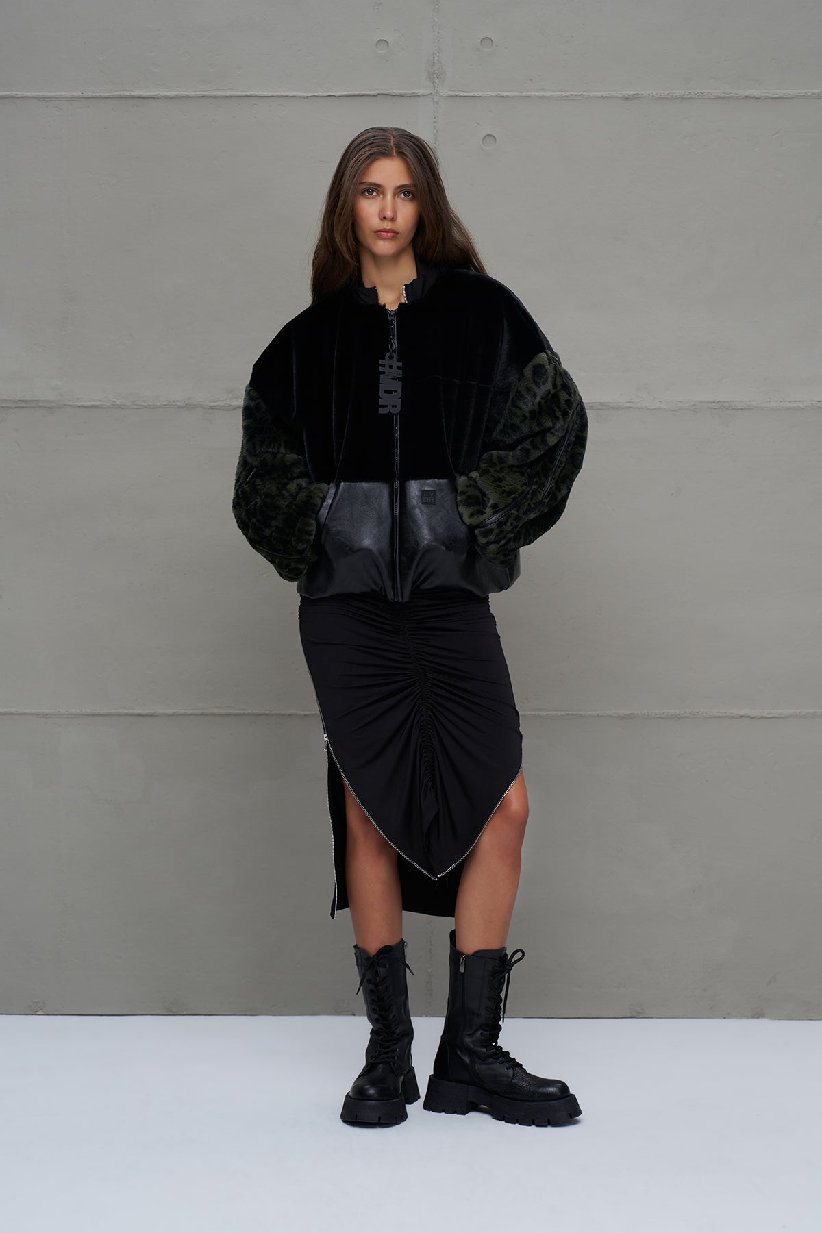 Black and Green Faux Leather and Faux Fur Bomber Jacket
