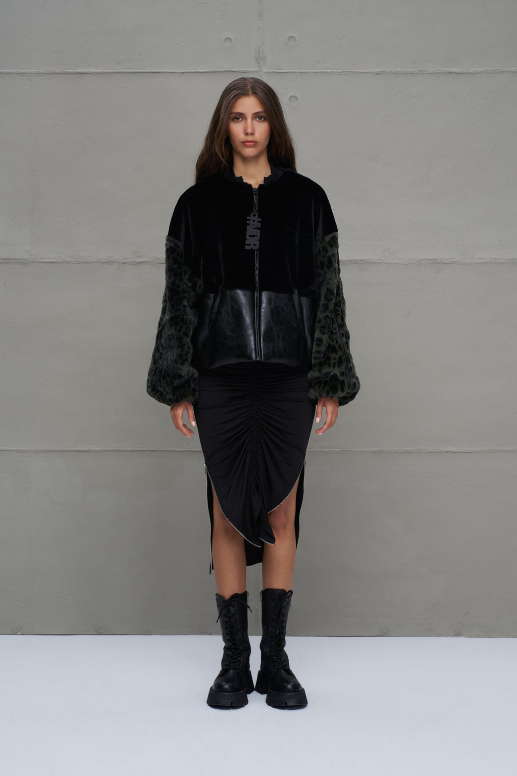Black and Green Faux Leather and Faux Fur Bomber Jacket