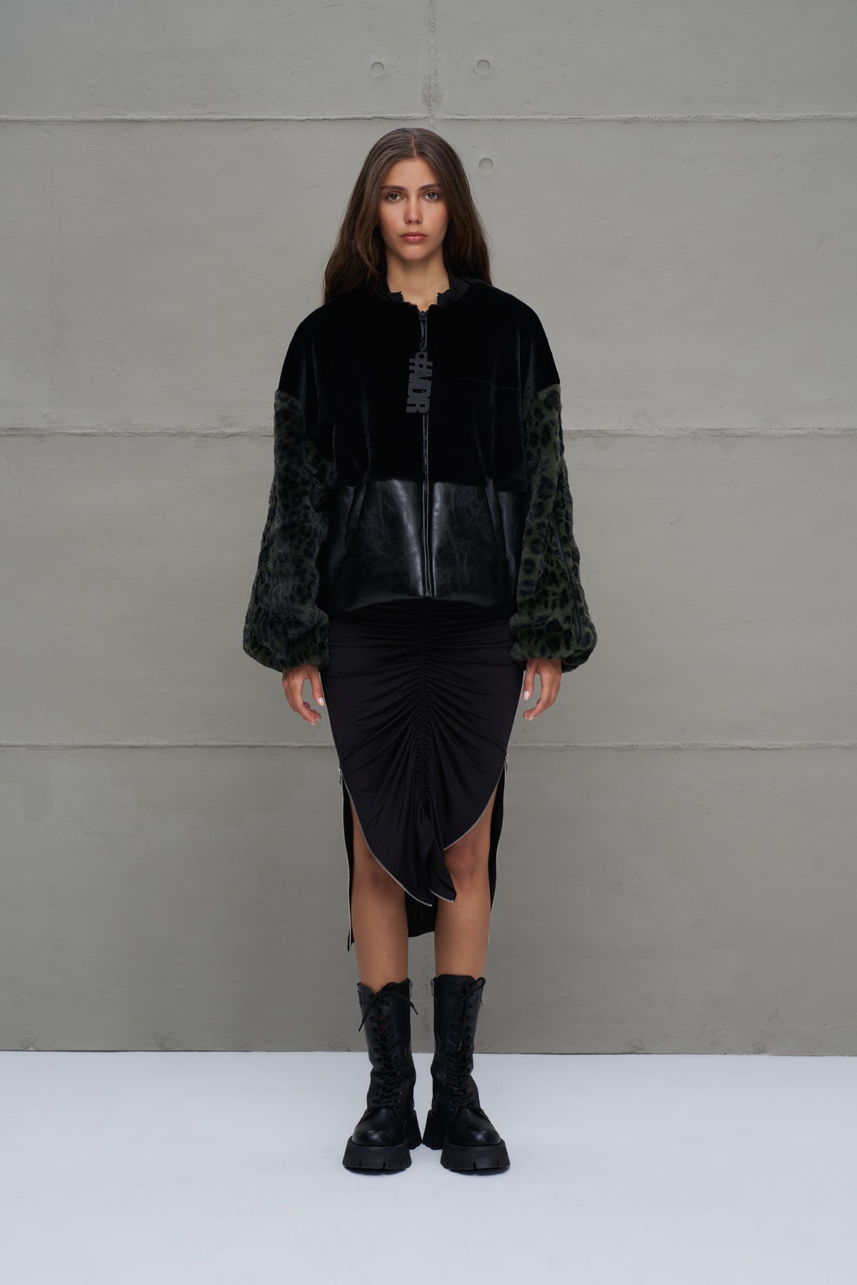 Black and Green Faux Leather and Faux Fur Bomber Jacket