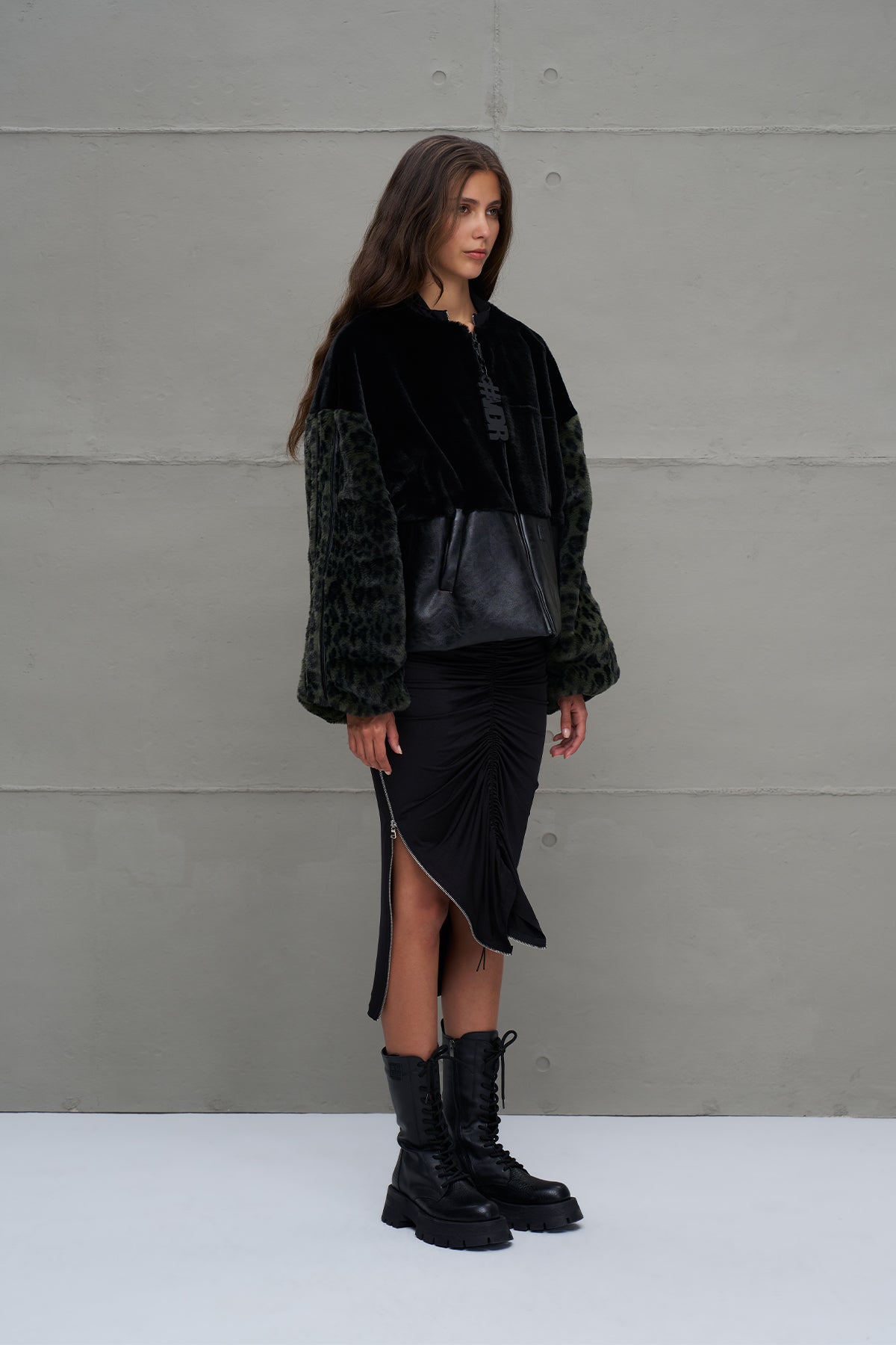 Black and Green Faux Leather and Faux Fur Bomber Jacket