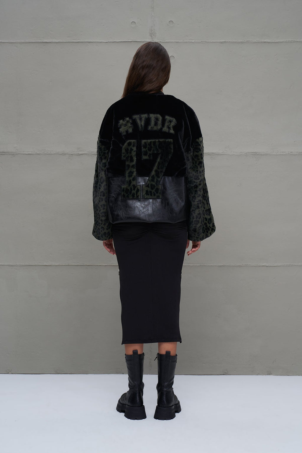 Black and Green Faux Leather and Faux Fur Bomber Jacket