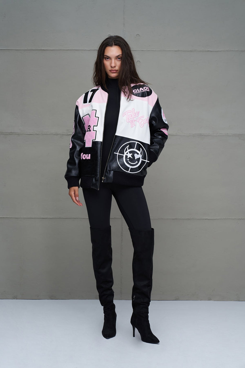 Black, Pink, and White Oversized Pilot Bomber Jacket