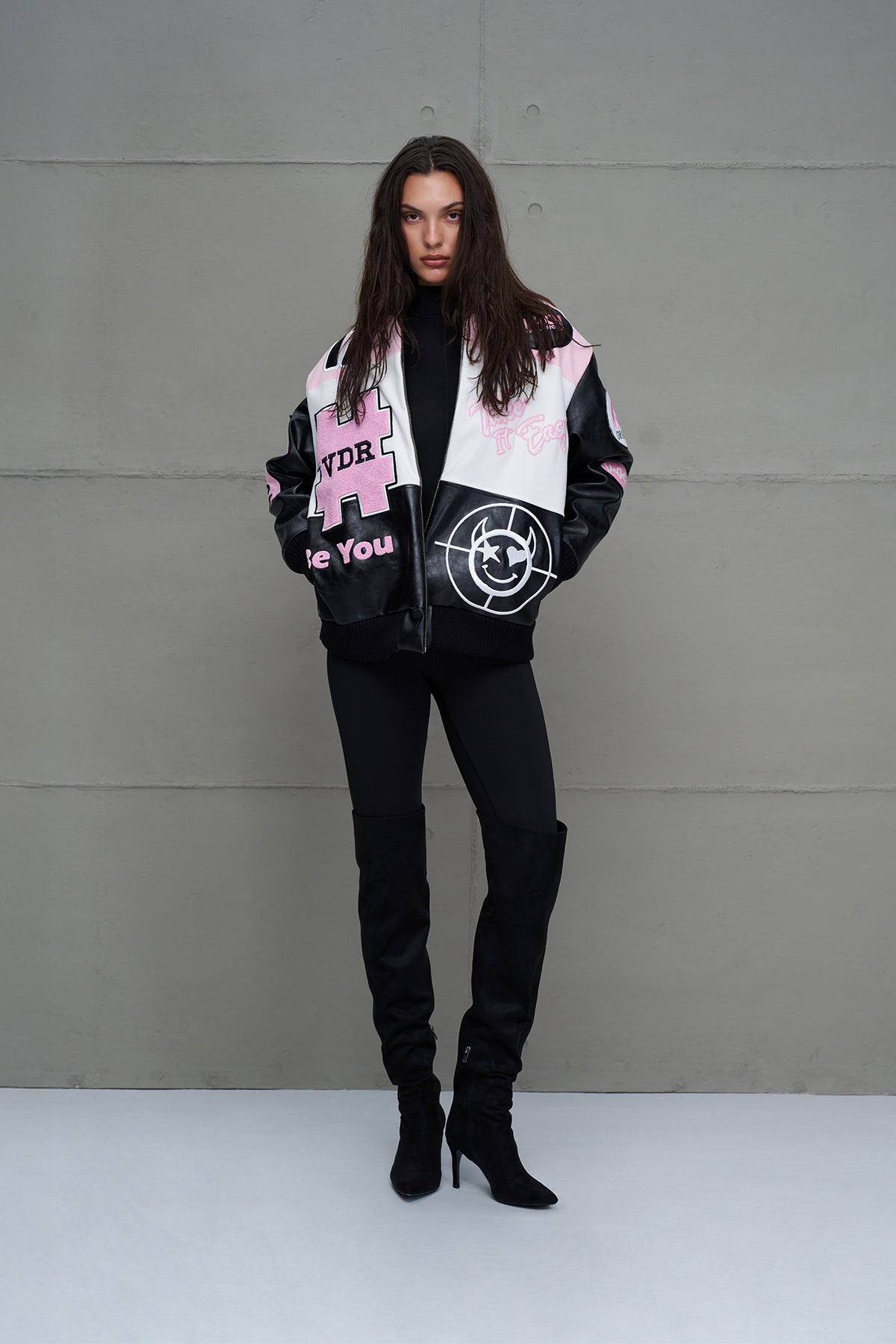 Black, Pink, and White Oversized Pilot Bomber Jacket