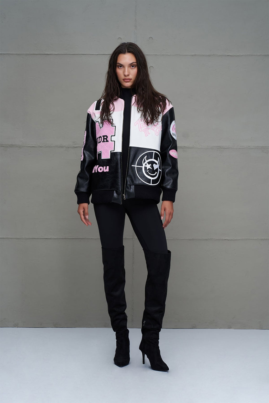 Black, Pink, and White Oversized Pilot Bomber Jacket