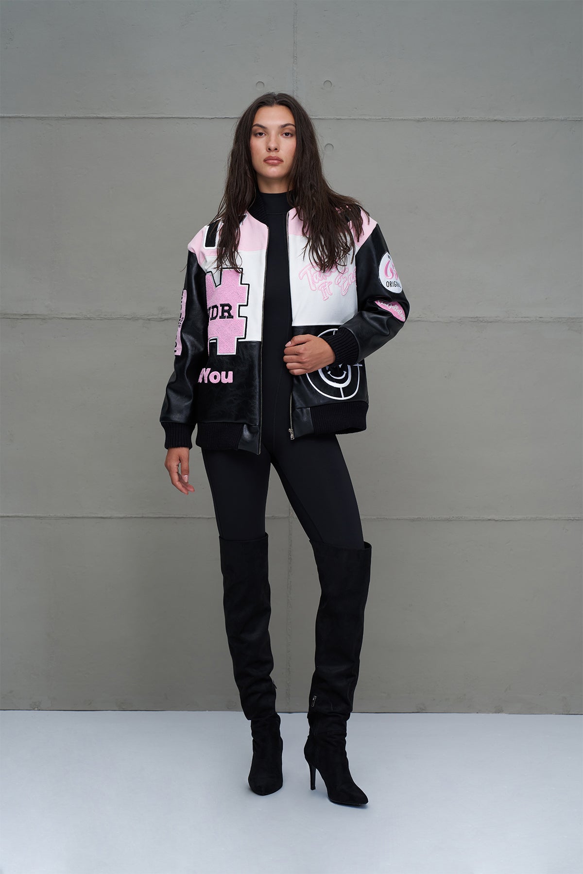 Black, Pink, and White Oversized Pilot Bomber Jacket
