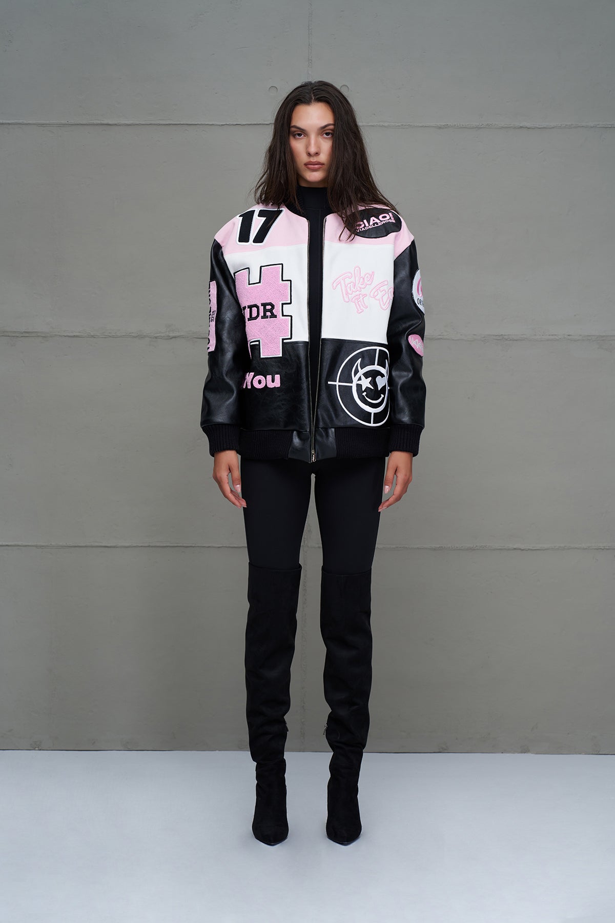 Black, Pink, and White Oversized Pilot Bomber Jacket