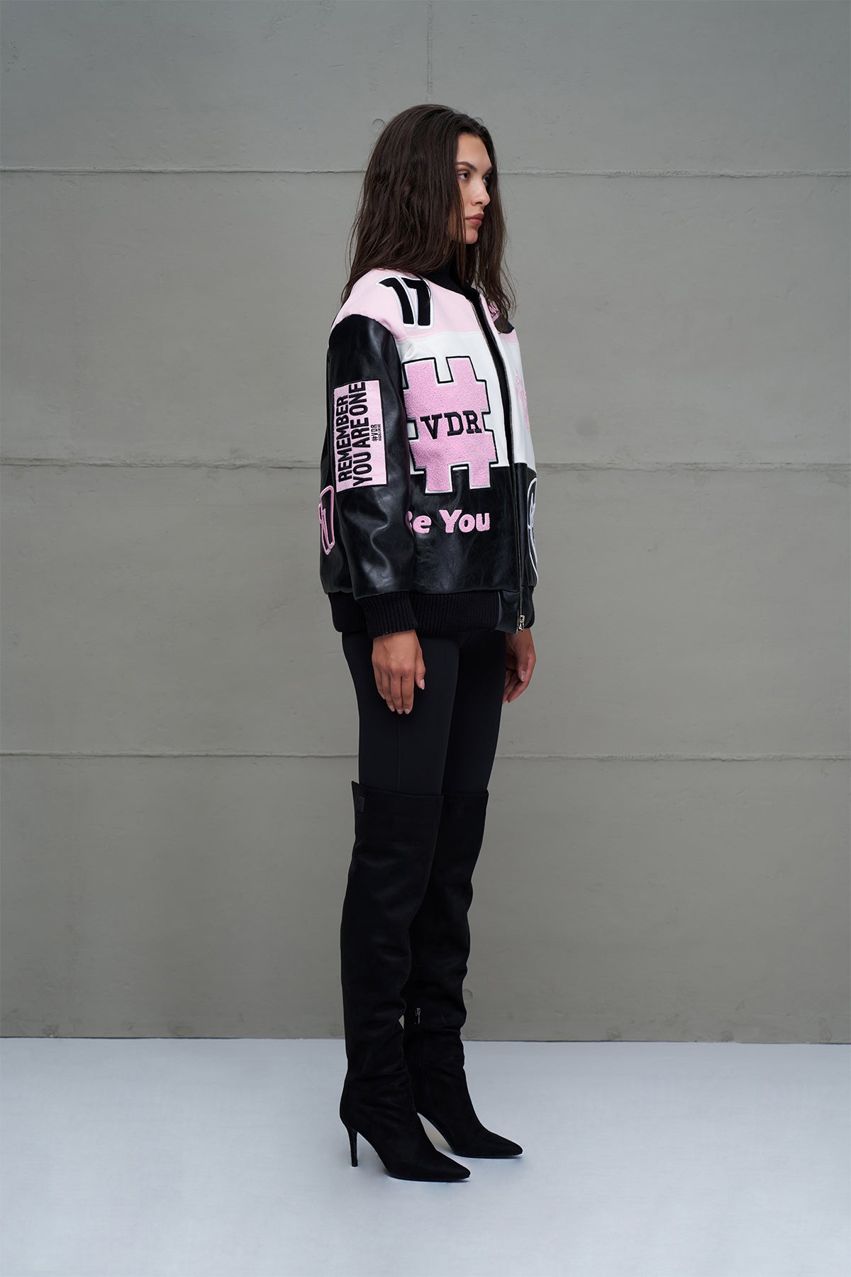 Black, Pink, and White Oversized Pilot Bomber Jacket
