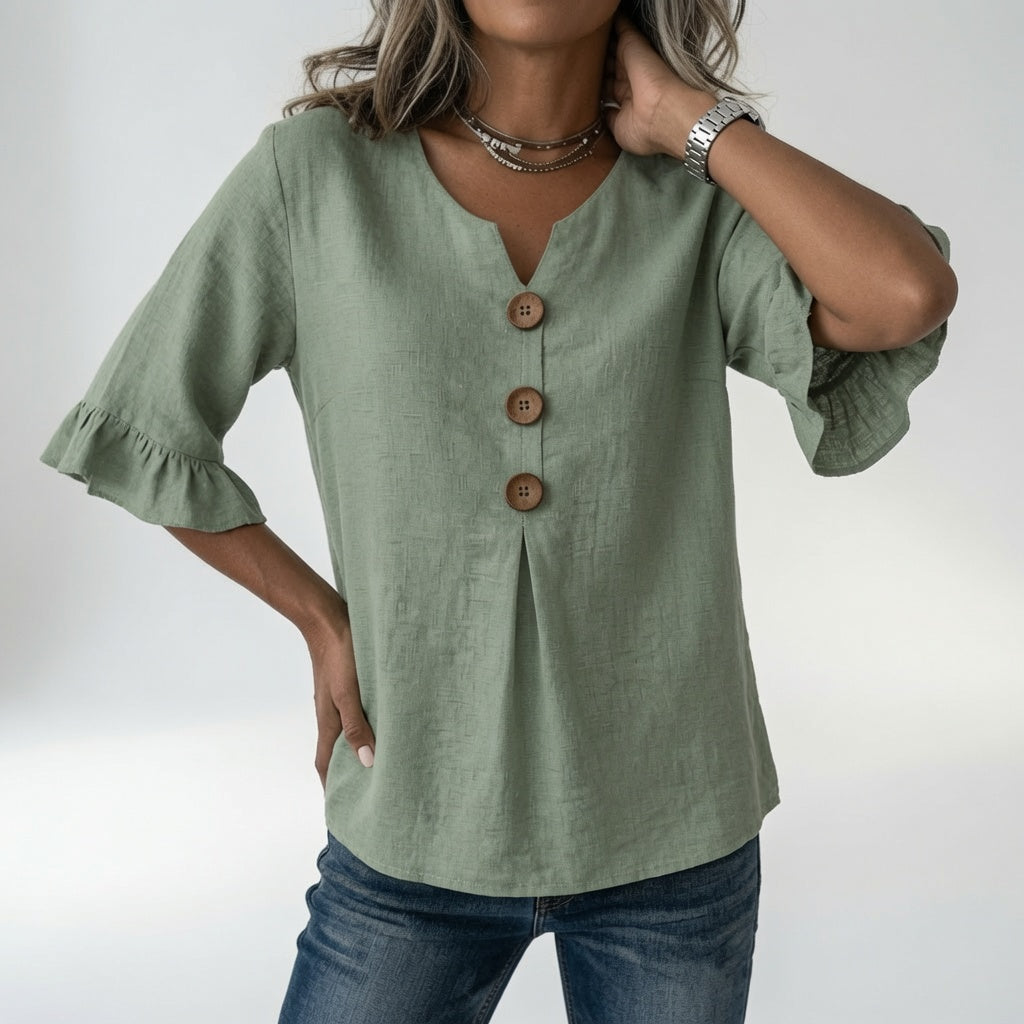Rosanne | Blusa de Cuello V con Botones y Mangas de Volantes