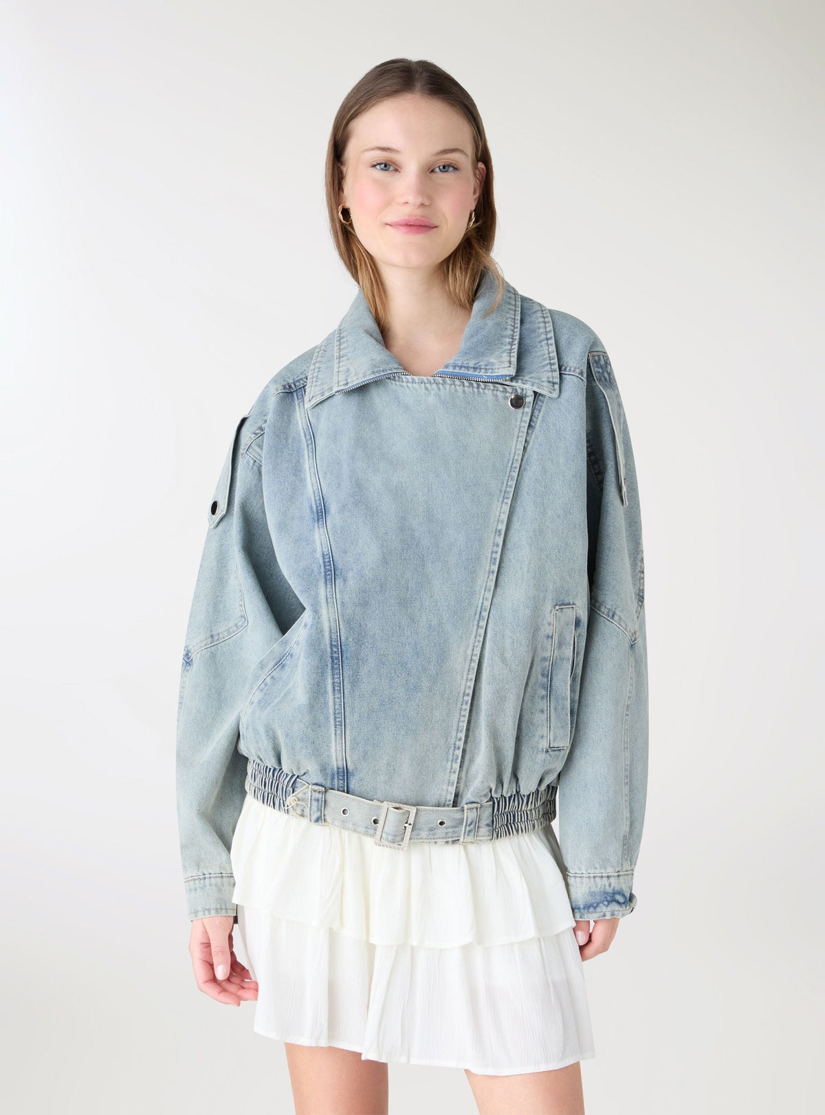 Chaqueta Biker Vaquera Lisa Azul Denim Claro