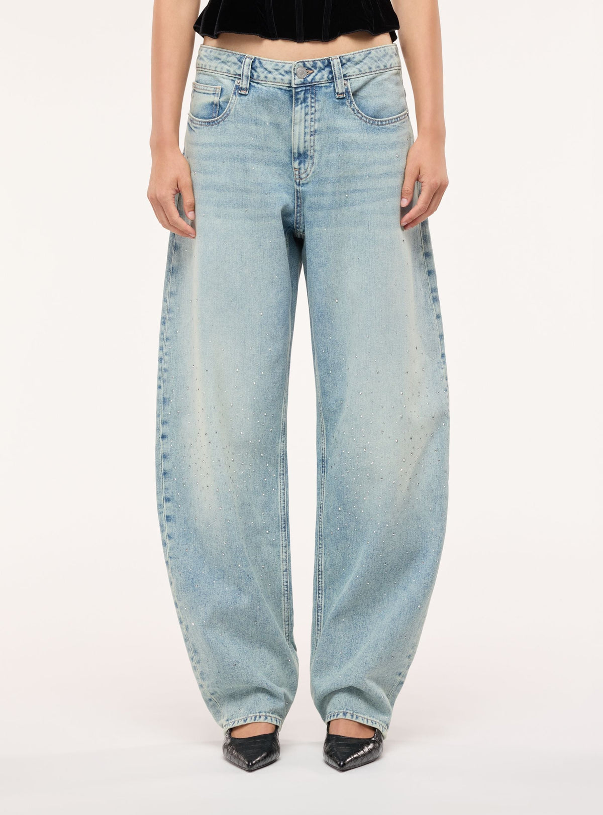 Light Denim Blue Balloon Jeans with Rhinestone Appliqués