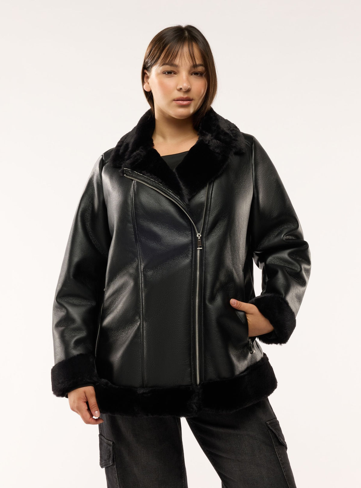 Black Faux Fur Collar Zip-Up Jacket