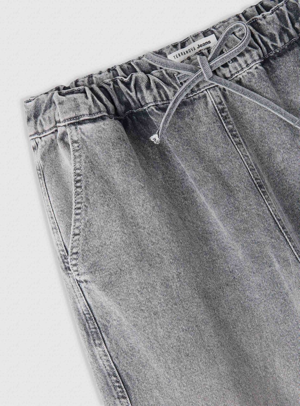Grey Denim Super Wide-Leg Drawstring Waist Jeans