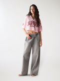 Grey Denim Super Wide-Leg Drawstring Waist Jeans