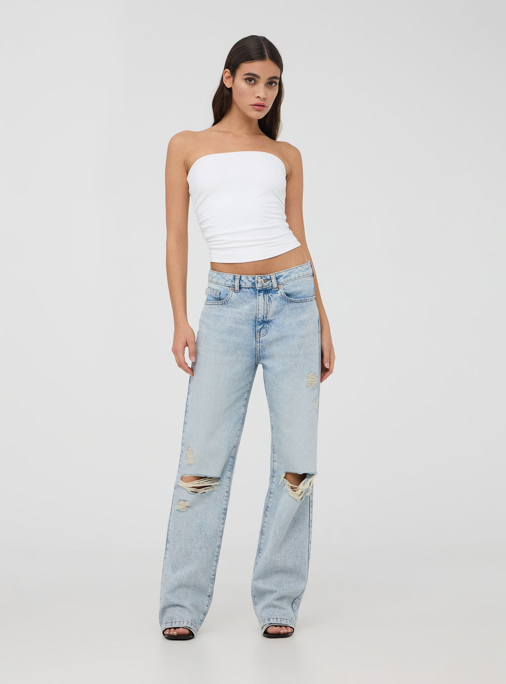 Light Acid Wash Straight-Leg Ripped Jeans