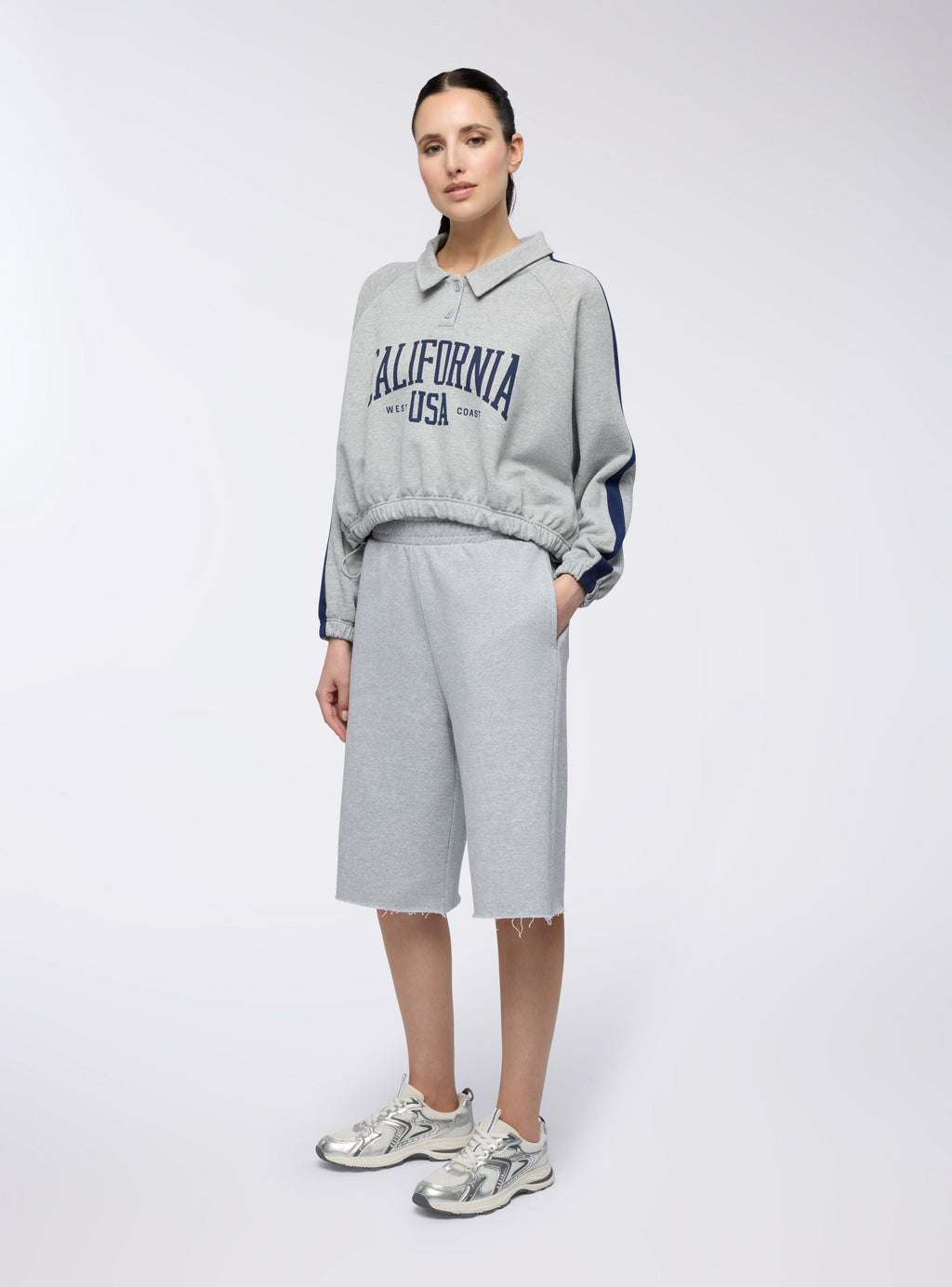 Bermudas Largas de Felpa Gris Claro Jaspeado