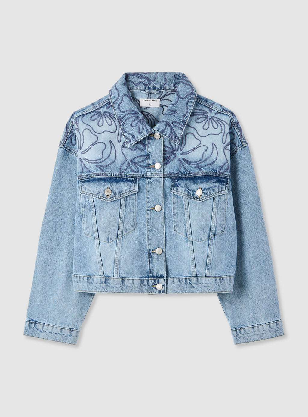 Chaqueta Vaquera con Bordado Floral Azul Medio