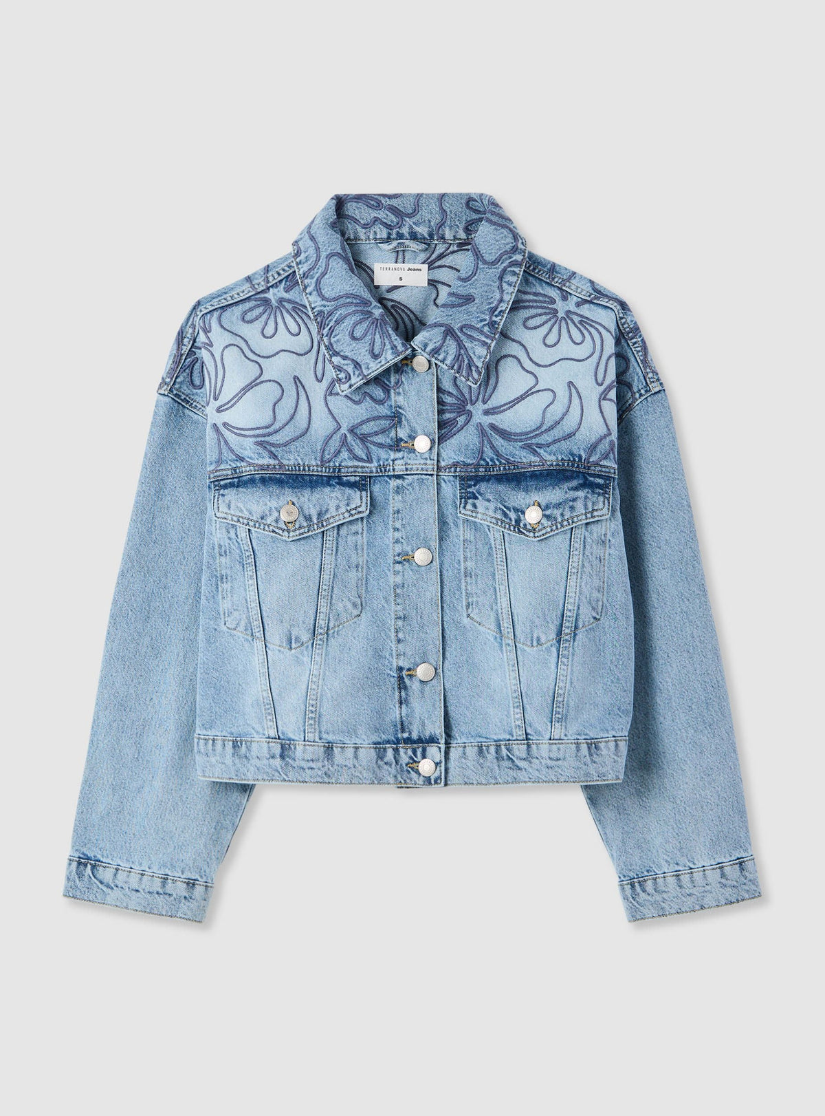 Chaqueta Vaquera con Bordado Floral Azul Medio