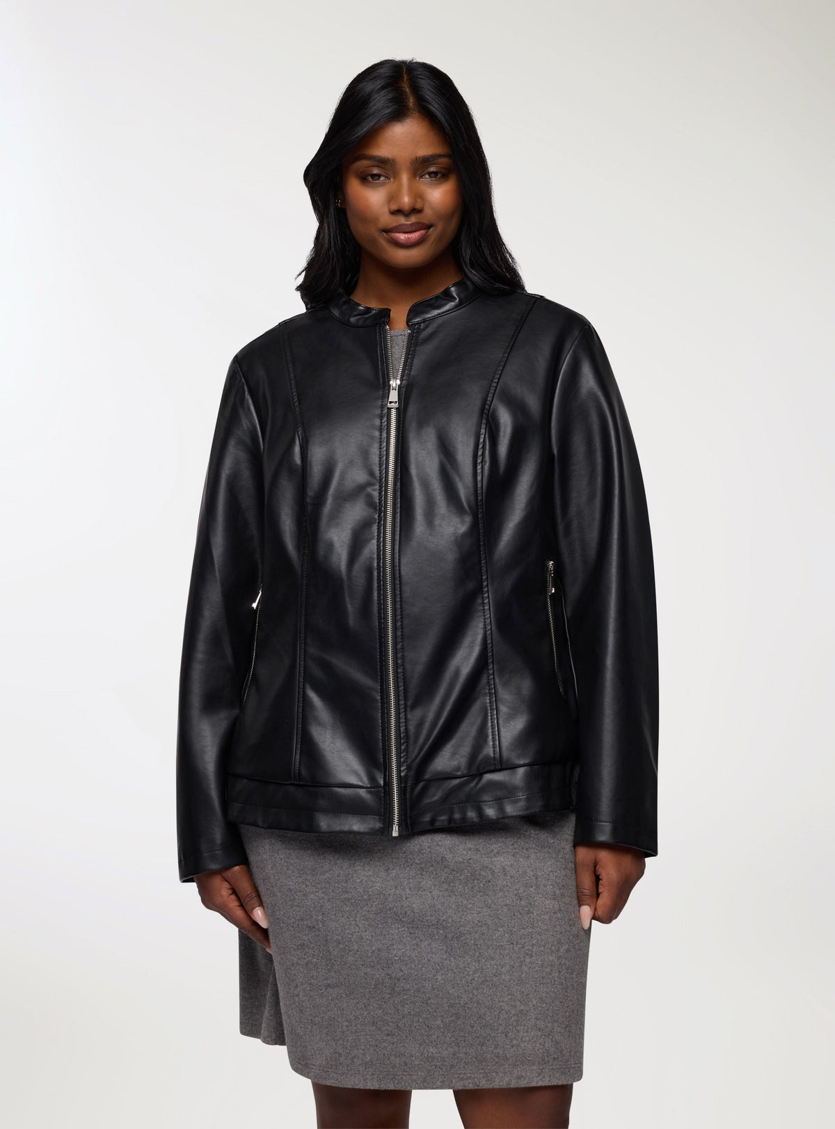 Faux leather bomber jacket with mandarin collar