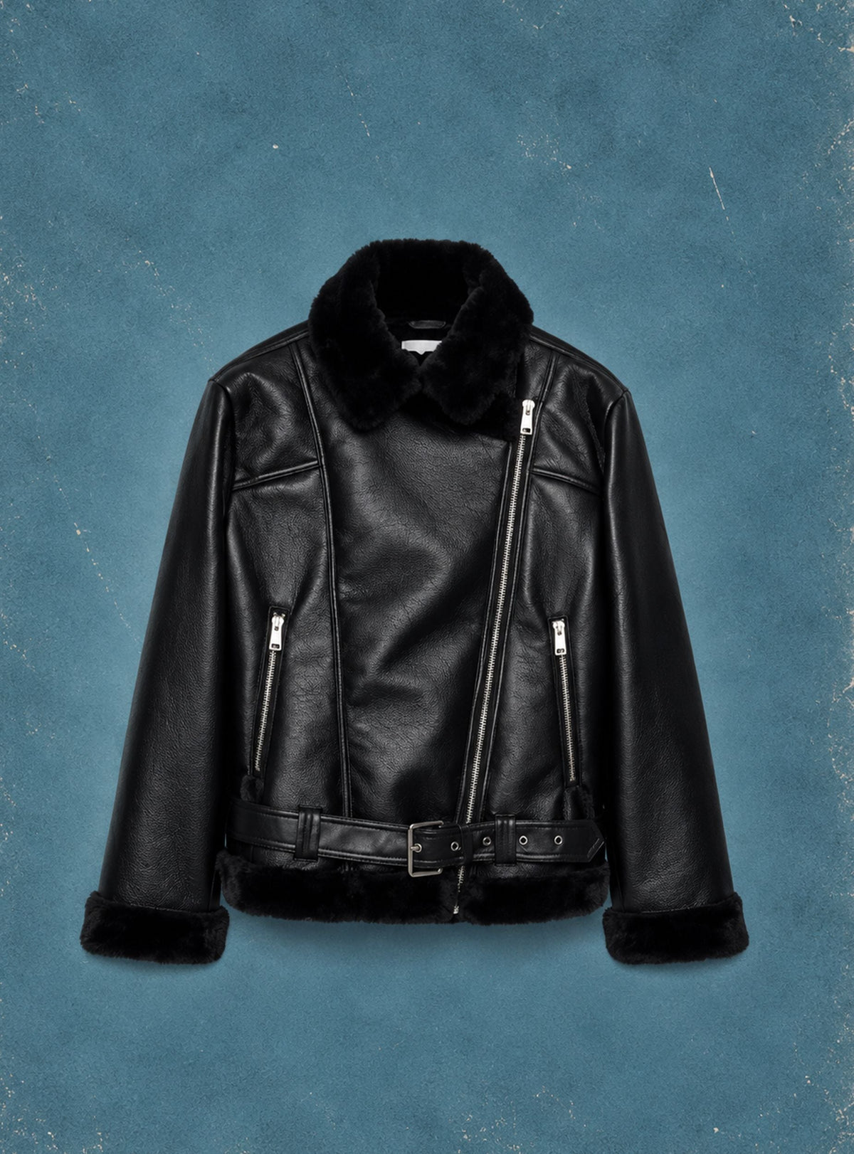 Chaqueta Biker Efecto Borreguito Negro