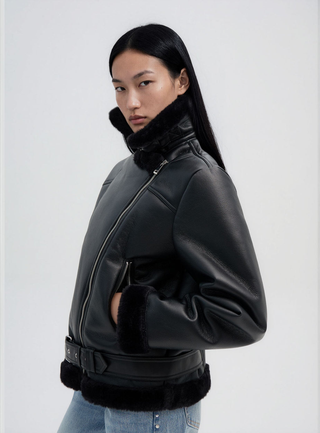 Chaqueta Biker Efecto Borreguito Negro