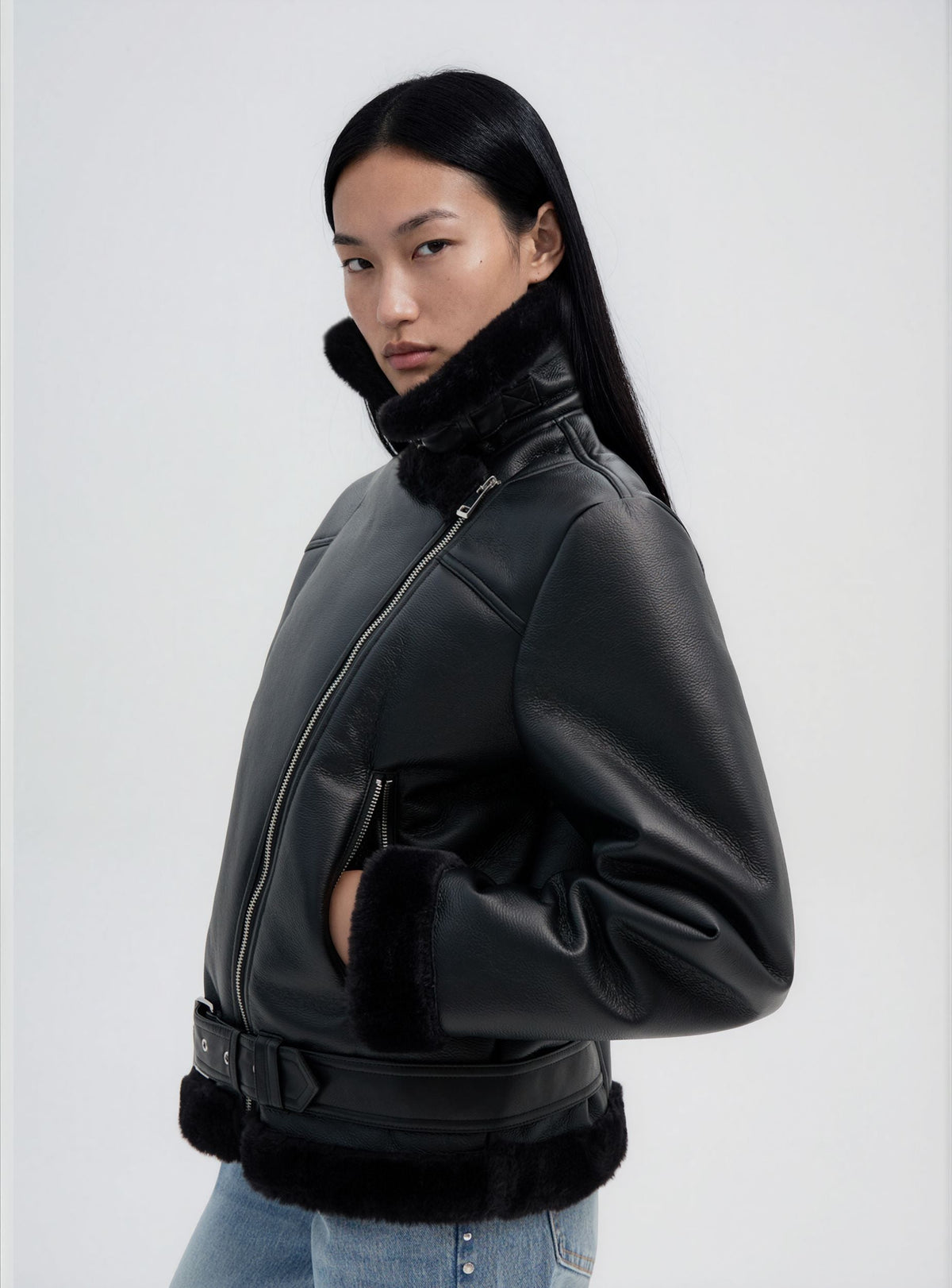 Chaqueta Biker Efecto Borreguito Negro