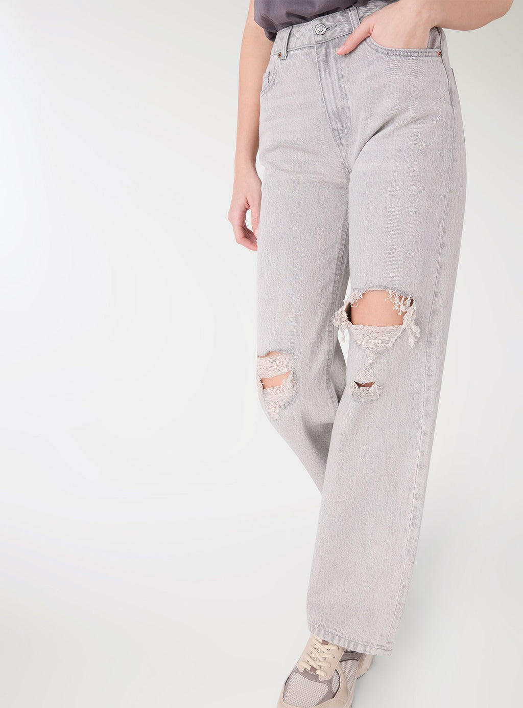 Vaqueros Pierna Ancha con Rotos Gris Denim