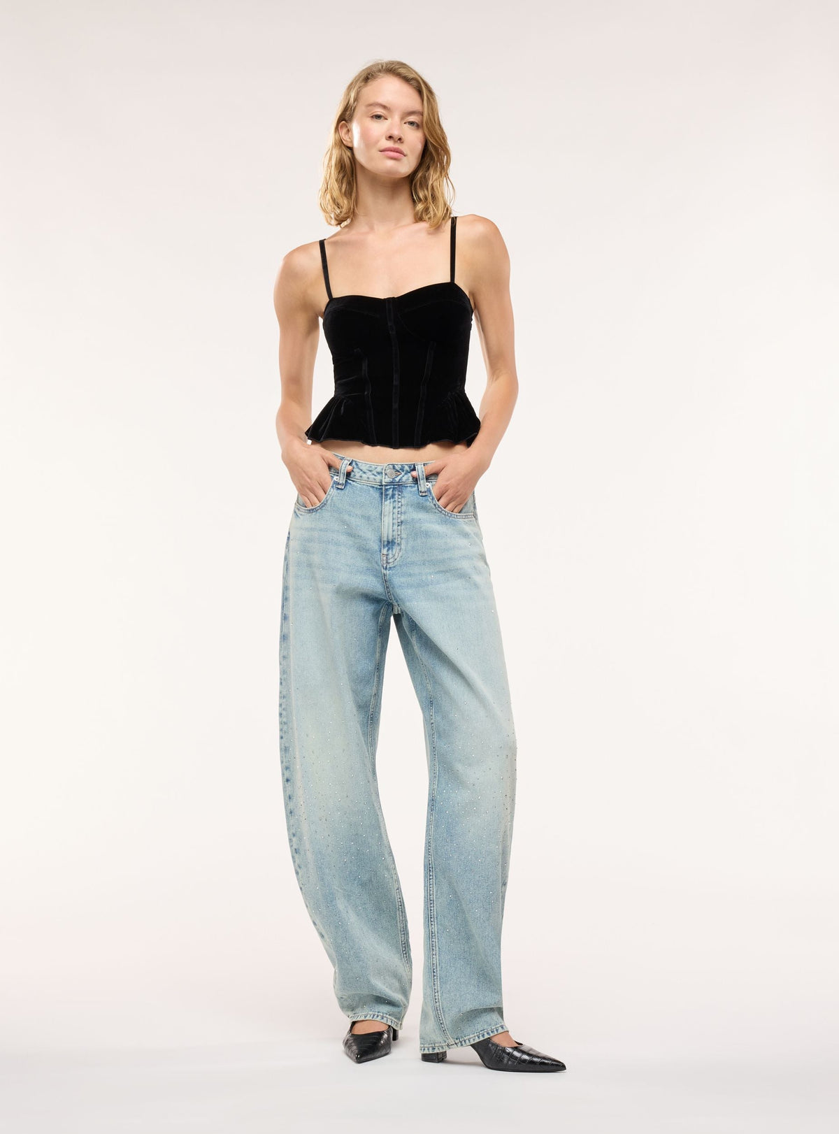 Light Denim Blue Balloon Jeans with Rhinestone Appliqués