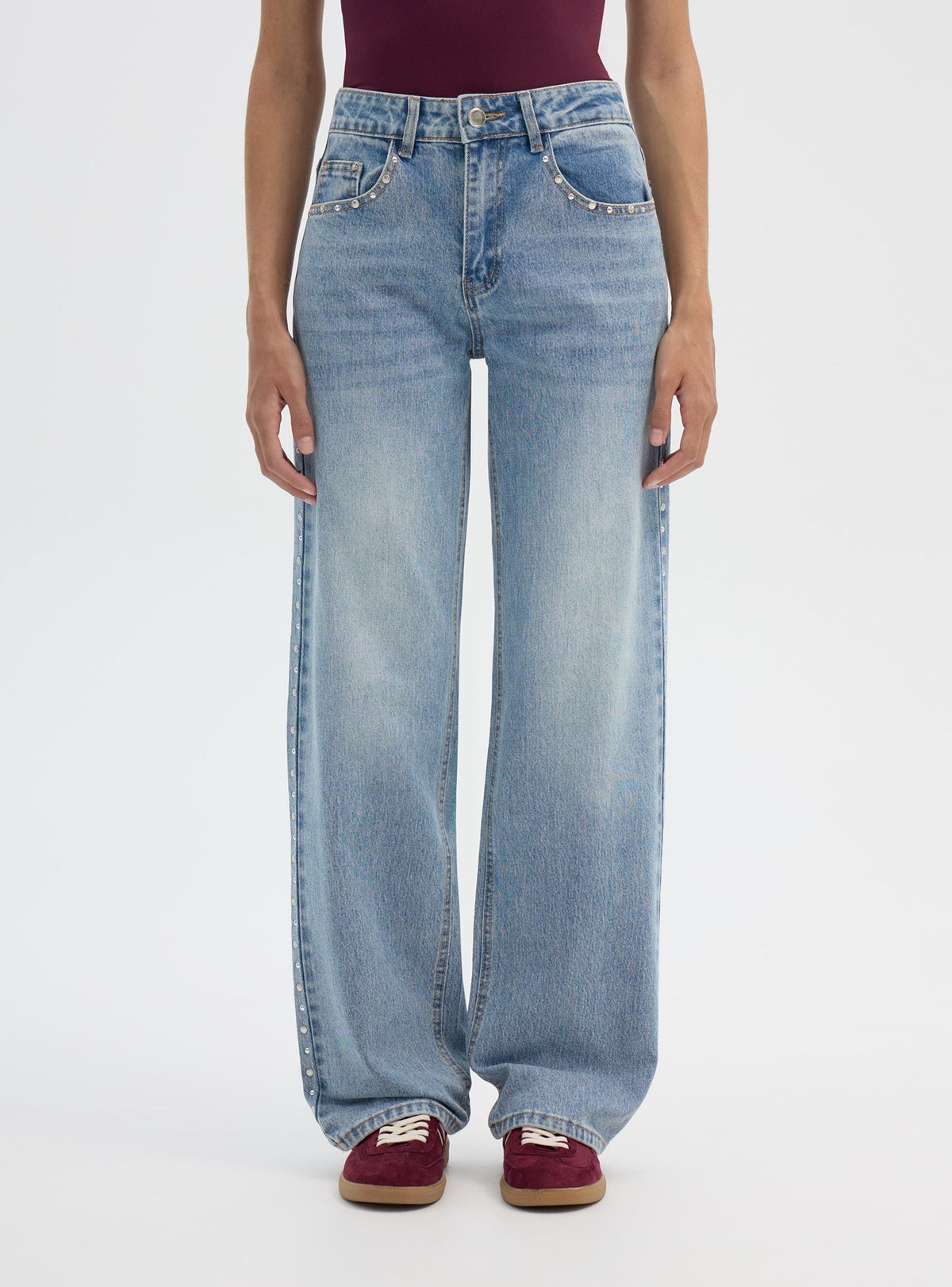 Wide-Leg Studded Jeans in Medium Denim Blue