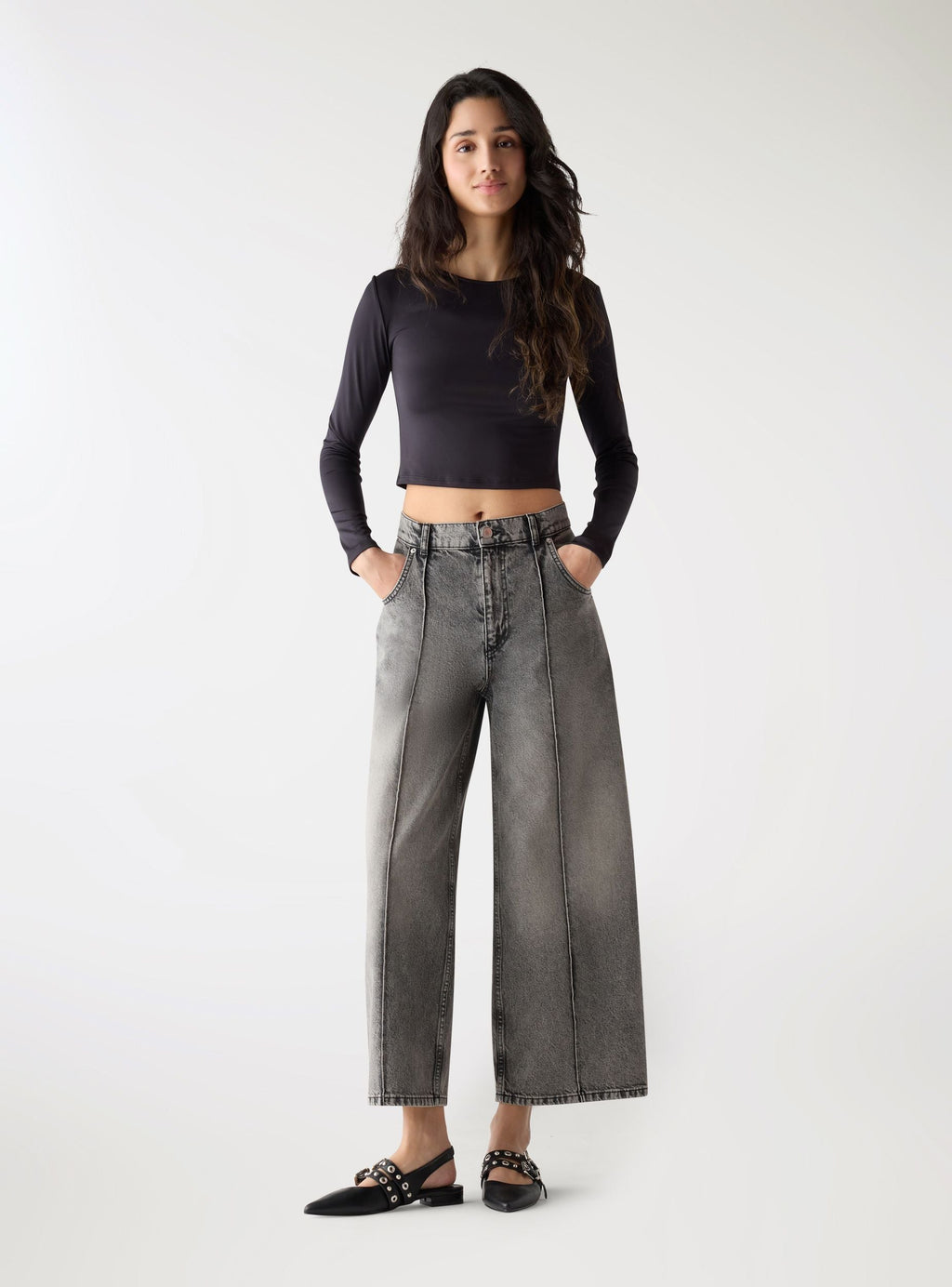 Vaqueros Pierna Ancha con Nervadura Gris Denim