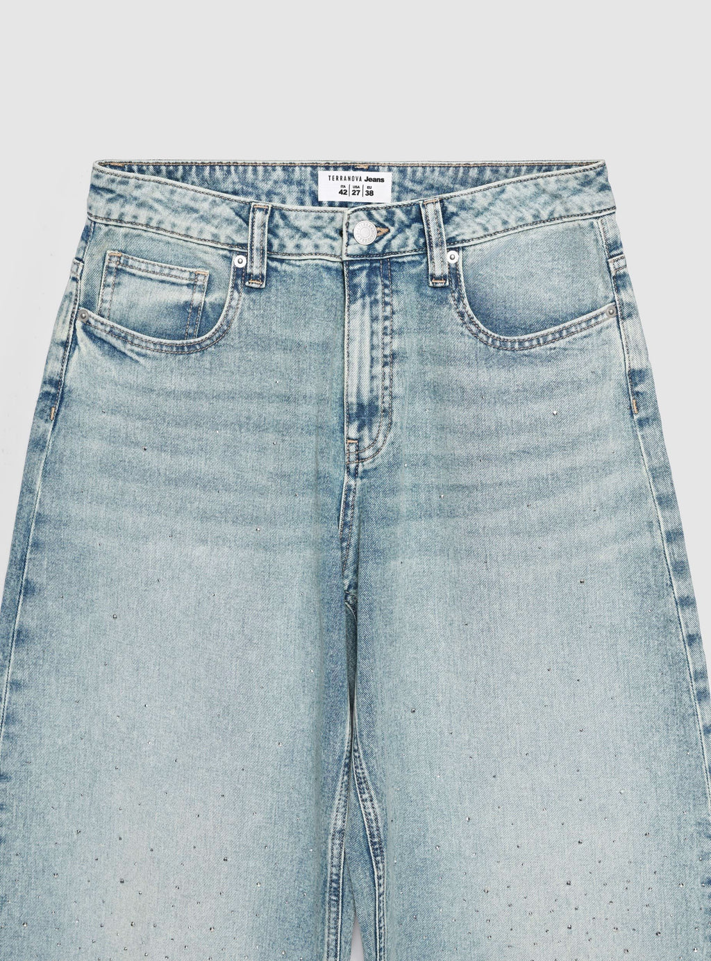 Light Denim Blue Balloon Jeans with Rhinestone Appliqués