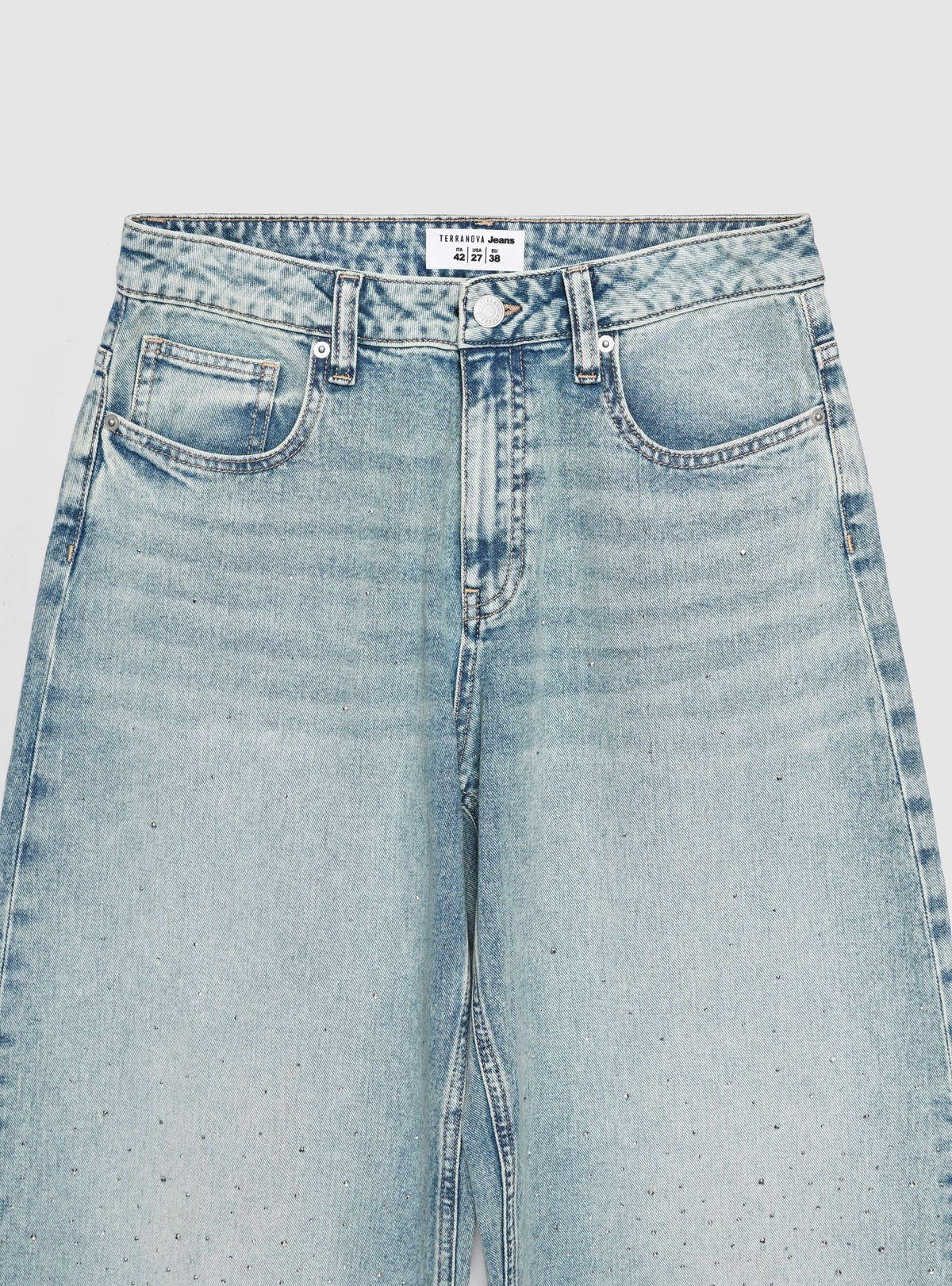 Light Denim Blue Balloon Jeans with Rhinestone Appliqués