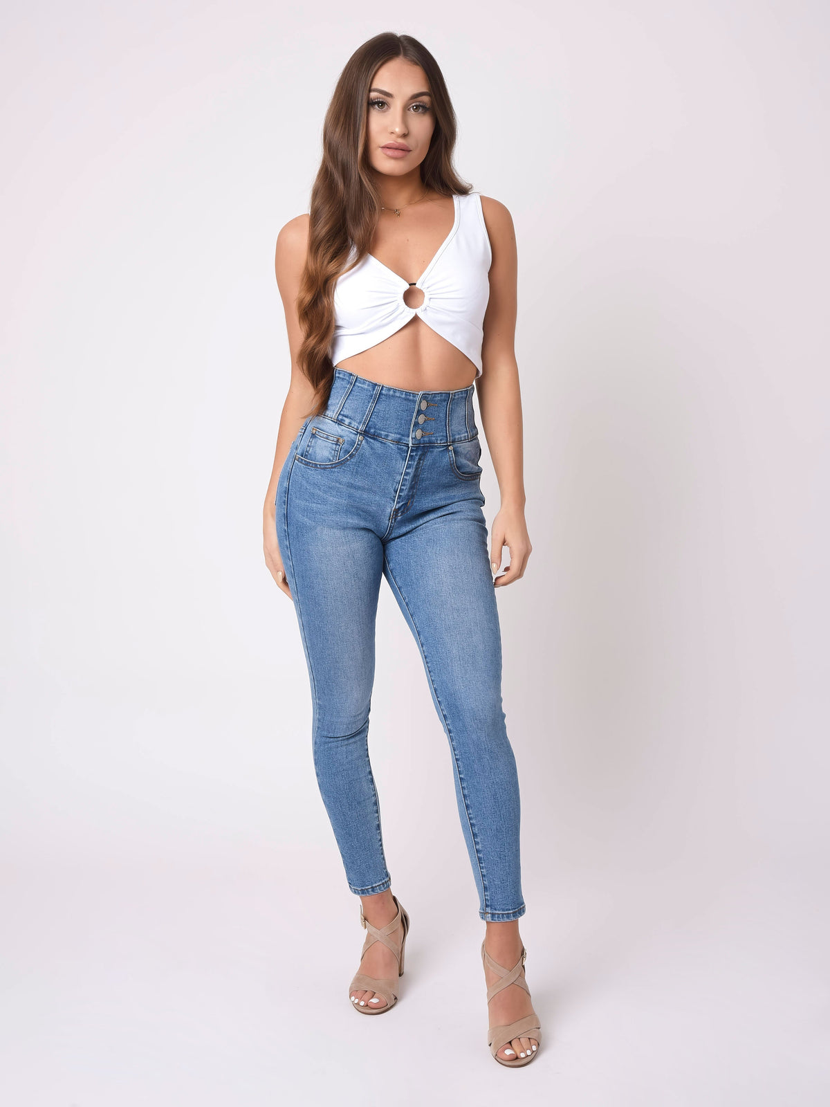 White Ring Detail Low-Cut Top