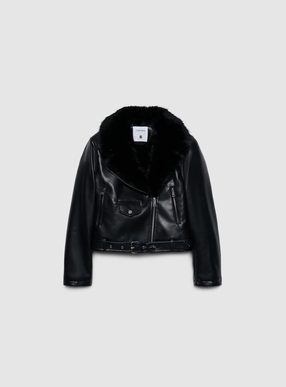 Black Faux Fur Collar Biker Jacket