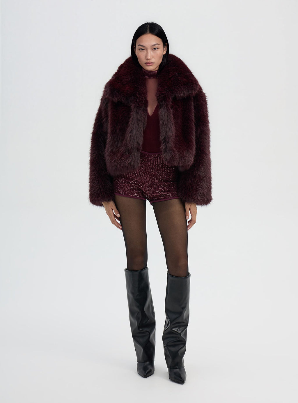 Chaqueta Corta con Cuello Efecto Pelo Largo Vino