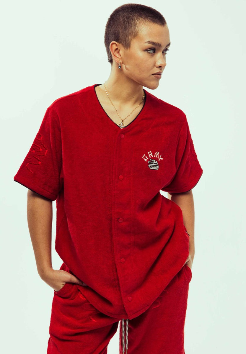 Grimey Lucky Dragon Terry Baseball Shirt Red