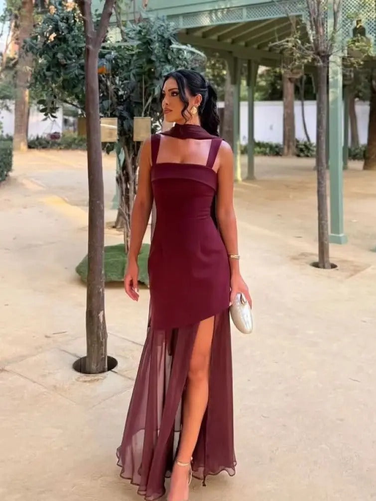 Celia | Vestido Maxi Borgoña con Detalle de Lazo y Falda de Gasa