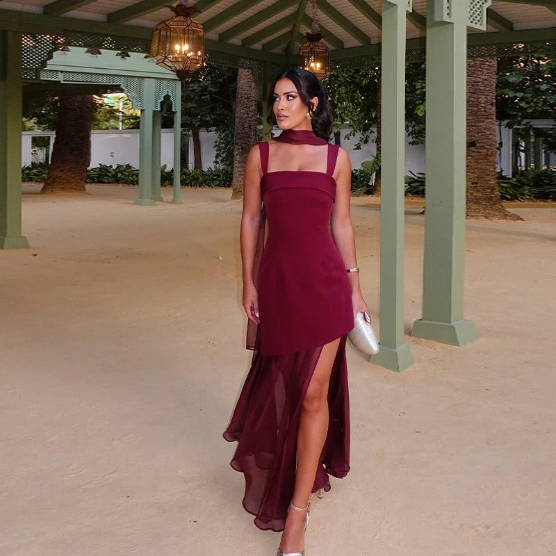 Celia | Vestido Maxi Borgoña con Detalle de Lazo y Falda de Gasa