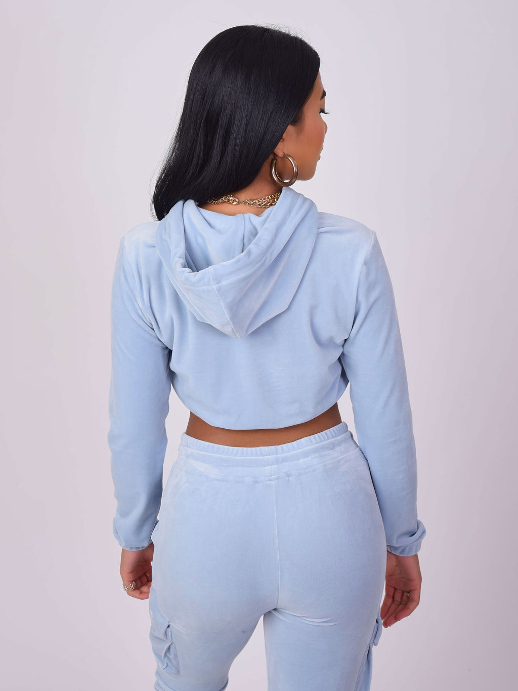 Sudadera Corta de Terciopelo con Capucha Azul Cielo