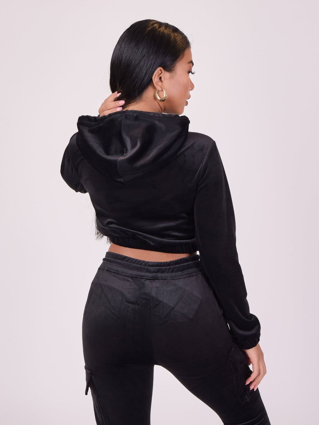 Black Velvet Cropped Hoodie