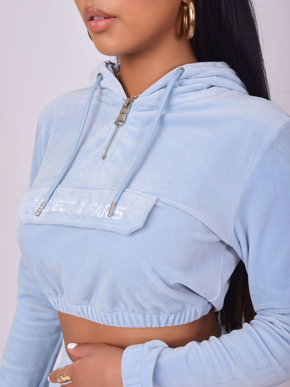 Sudadera Corta de Terciopelo con Capucha Azul Cielo
