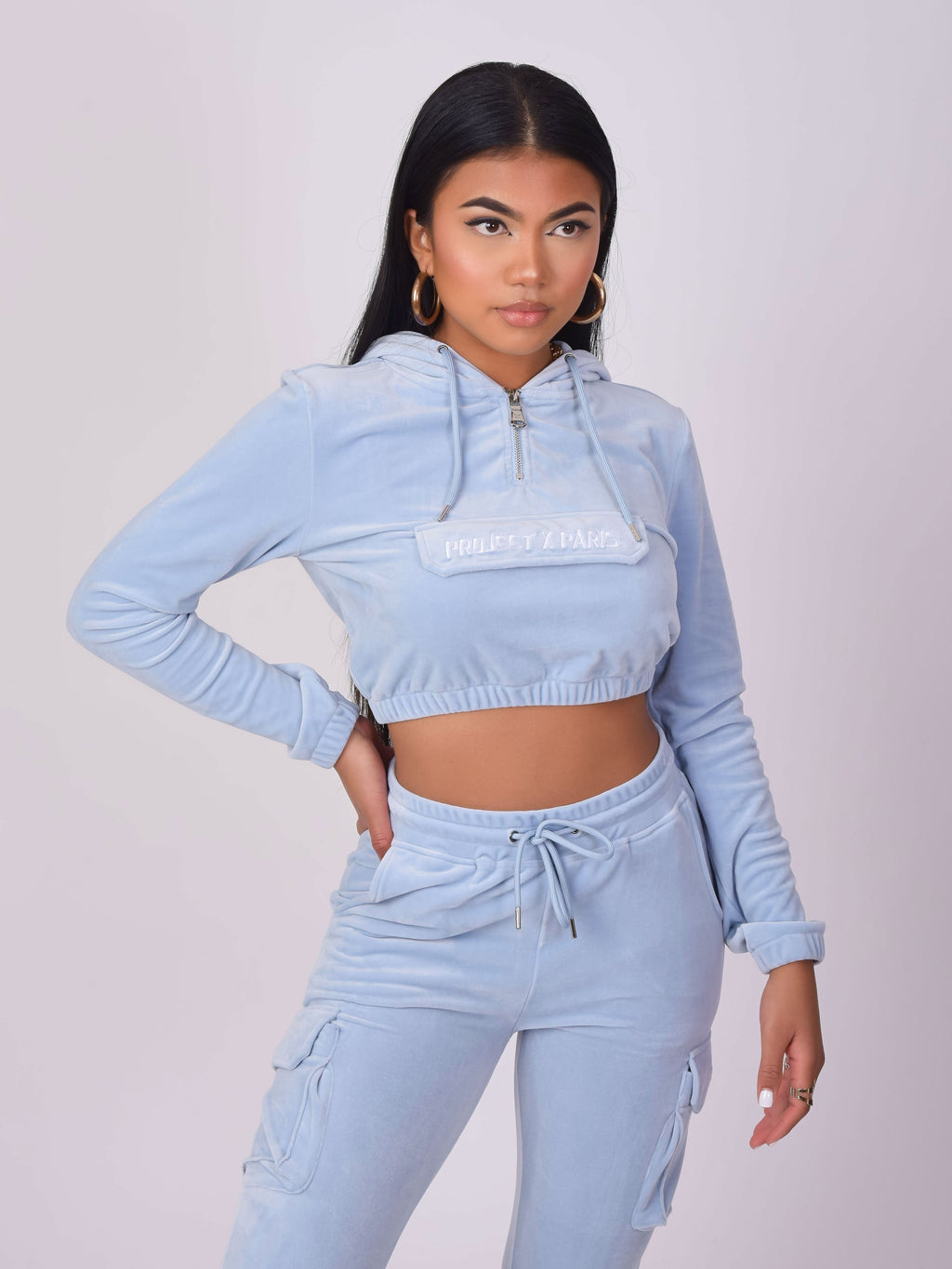 Sudadera Corta de Terciopelo con Capucha Azul Cielo