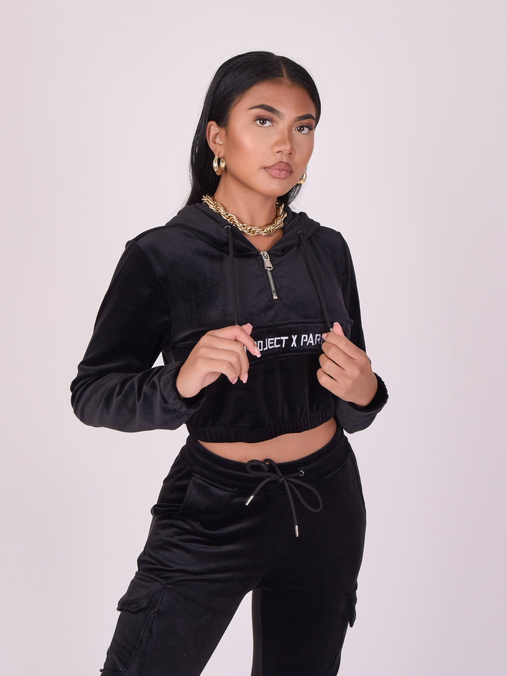 Black Velvet Cropped Hoodie