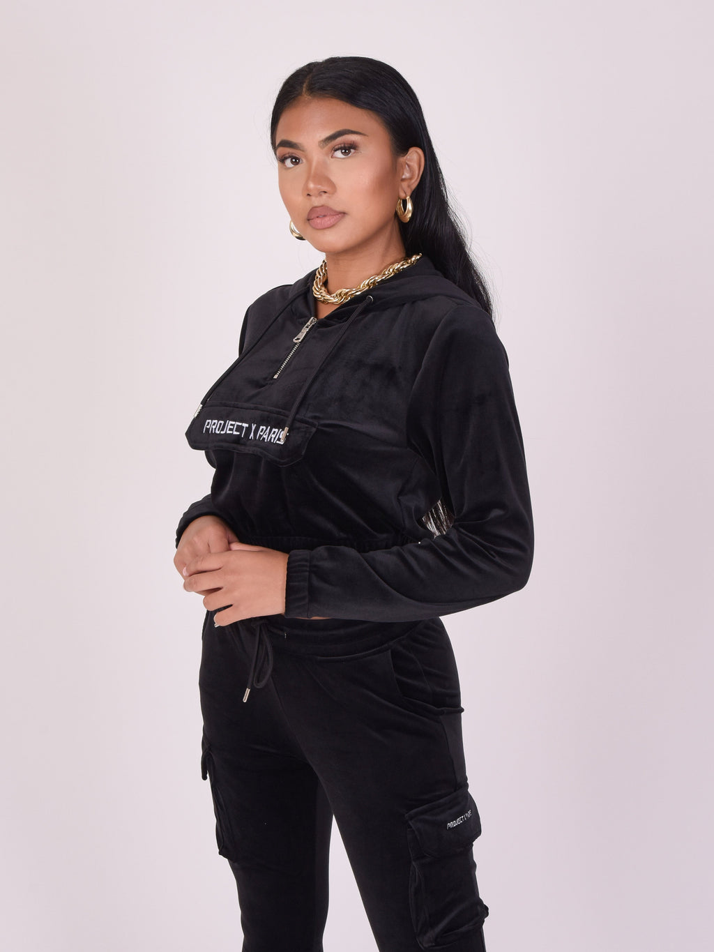 Black Velvet Cropped Hoodie