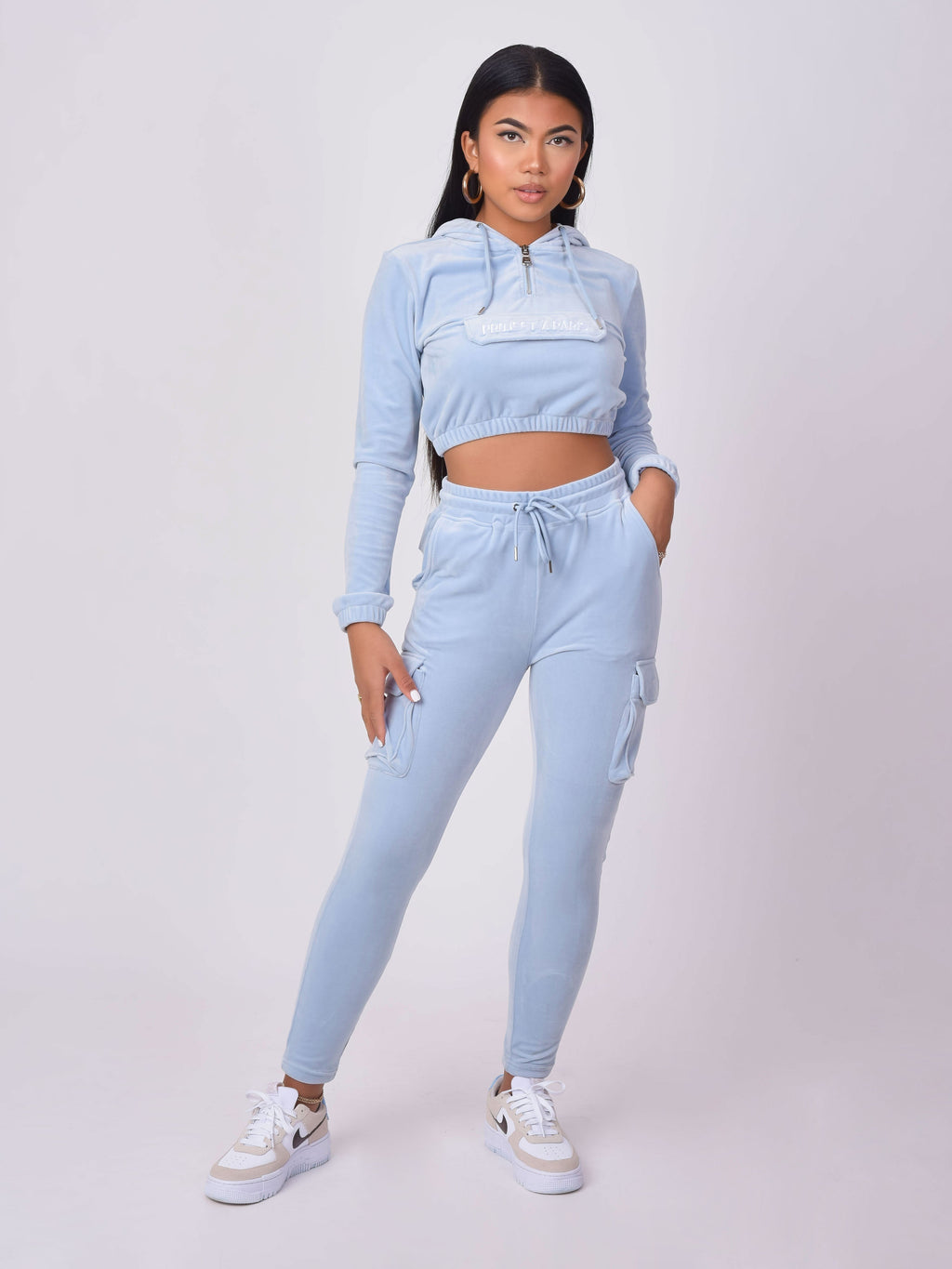 Sudadera Corta de Terciopelo con Capucha Azul Cielo