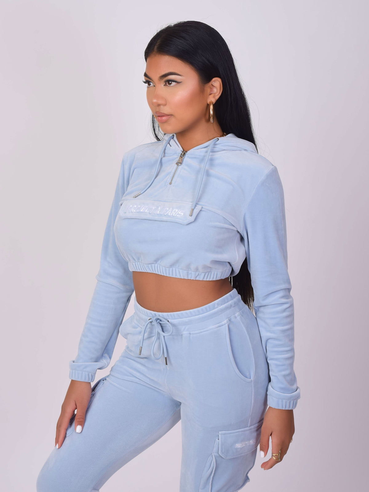 Sudadera Corta de Terciopelo con Capucha Azul Cielo
