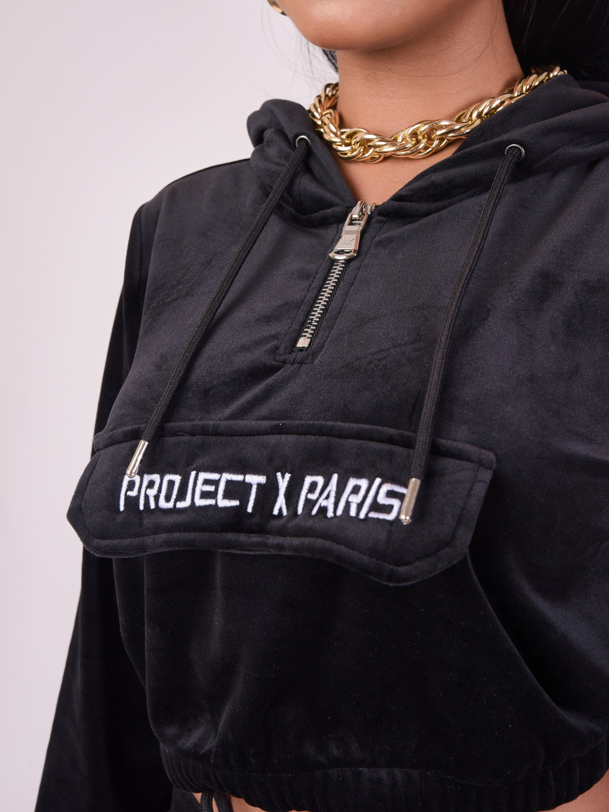 Black Velvet Cropped Hoodie